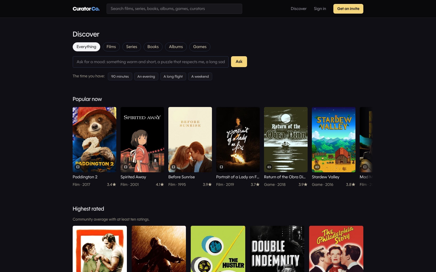 Discover page with a top pick, a mood prompt, and a blind spot