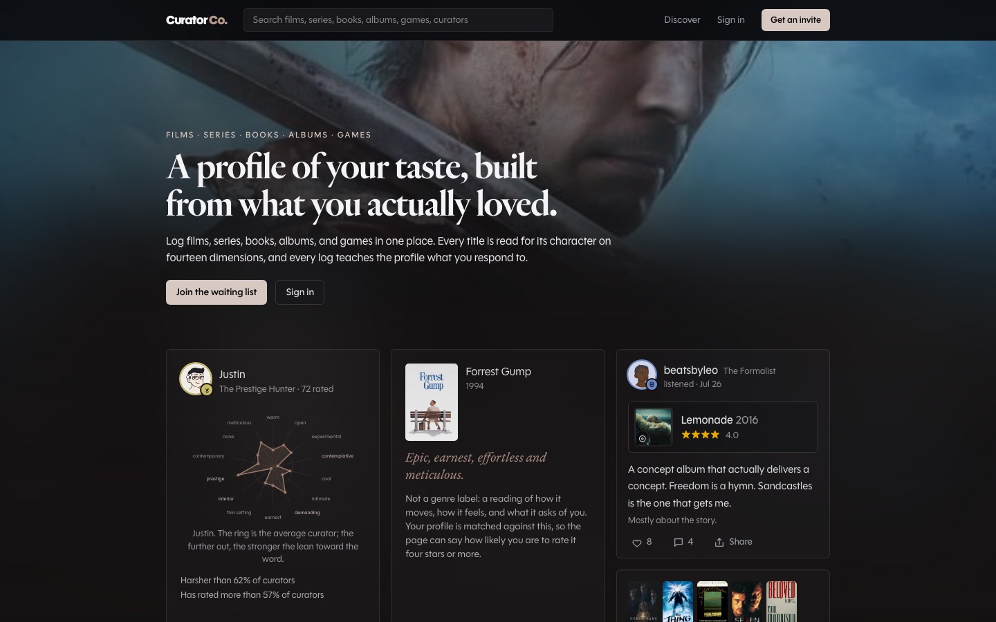 Curator Co. home page: a profile of your taste, built from what you actually loved