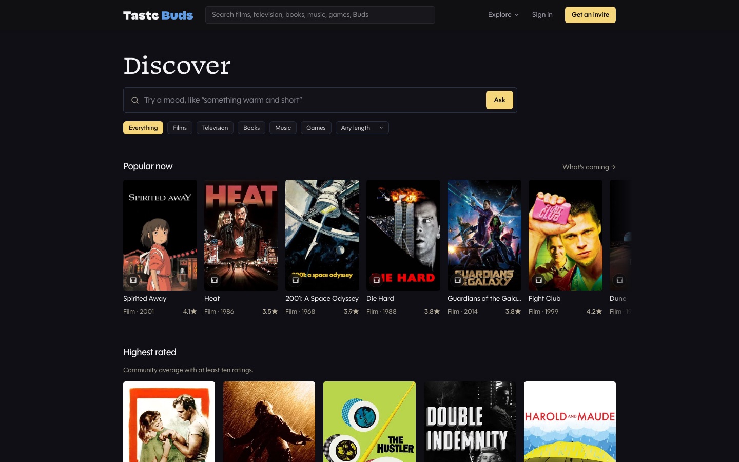 Discover, with medium chips, a mood box, and rows of popular titles