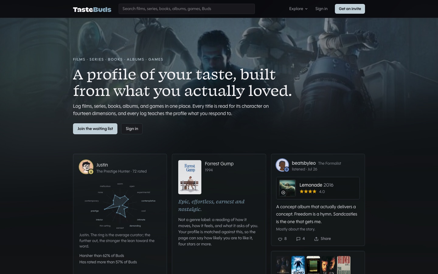 TasteBuds home page: a profile of your taste, built from what you actually loved